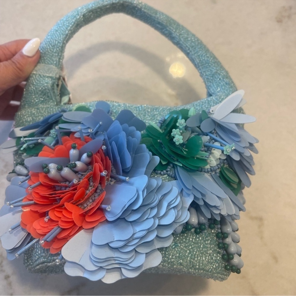 Floral Embellished Beaded Blue and Green Handbag